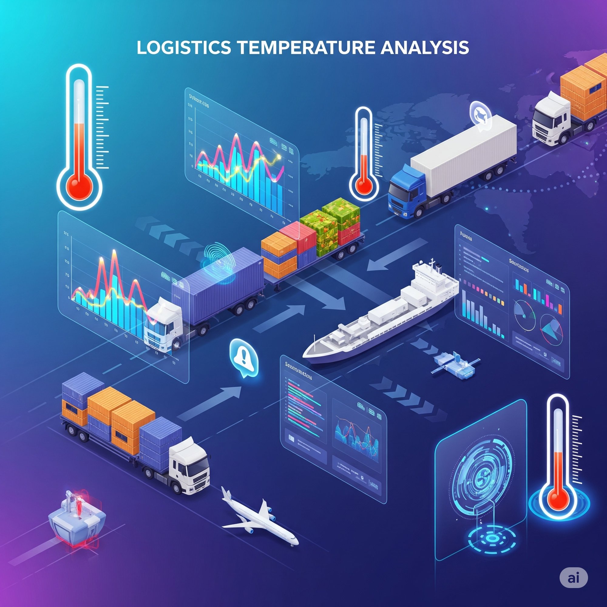 A vibrant, energetic illustration of logistics temperature analysis against a dynamic blue and purple gradient background. It shows various modes of transport—trucks, ships, and planes