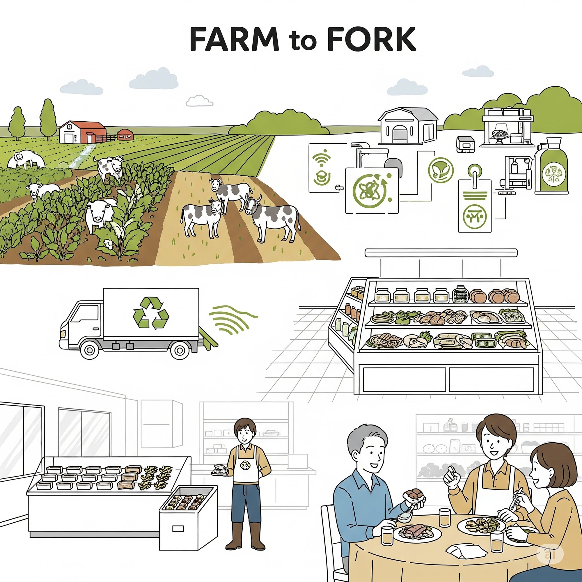 An illustration depicting the 'Farm to Fork' journey of food. It shows a farm with fields and cows, followed by processing and packaging with traceability symbols.