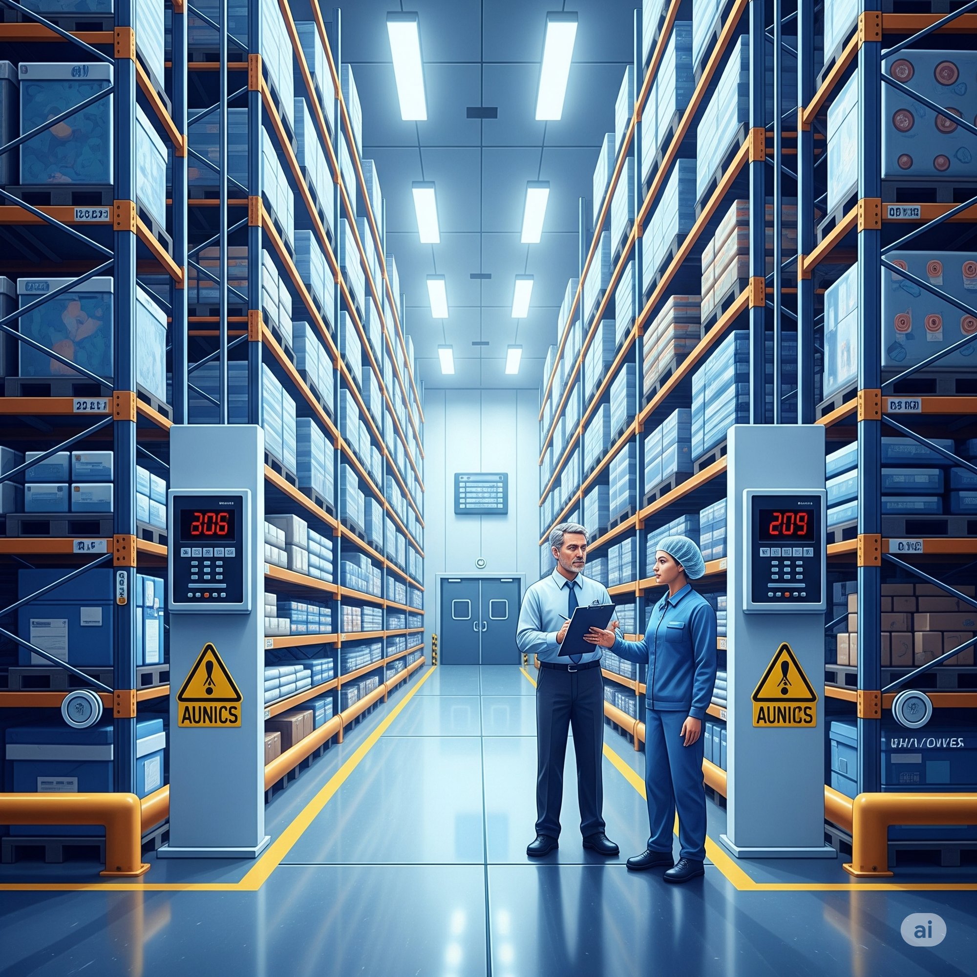 Illustration of a cold warehouse audit: an auditor and worker inspect shelves of frozen goods with visible temperature displays, emphasizing hygiene and control.