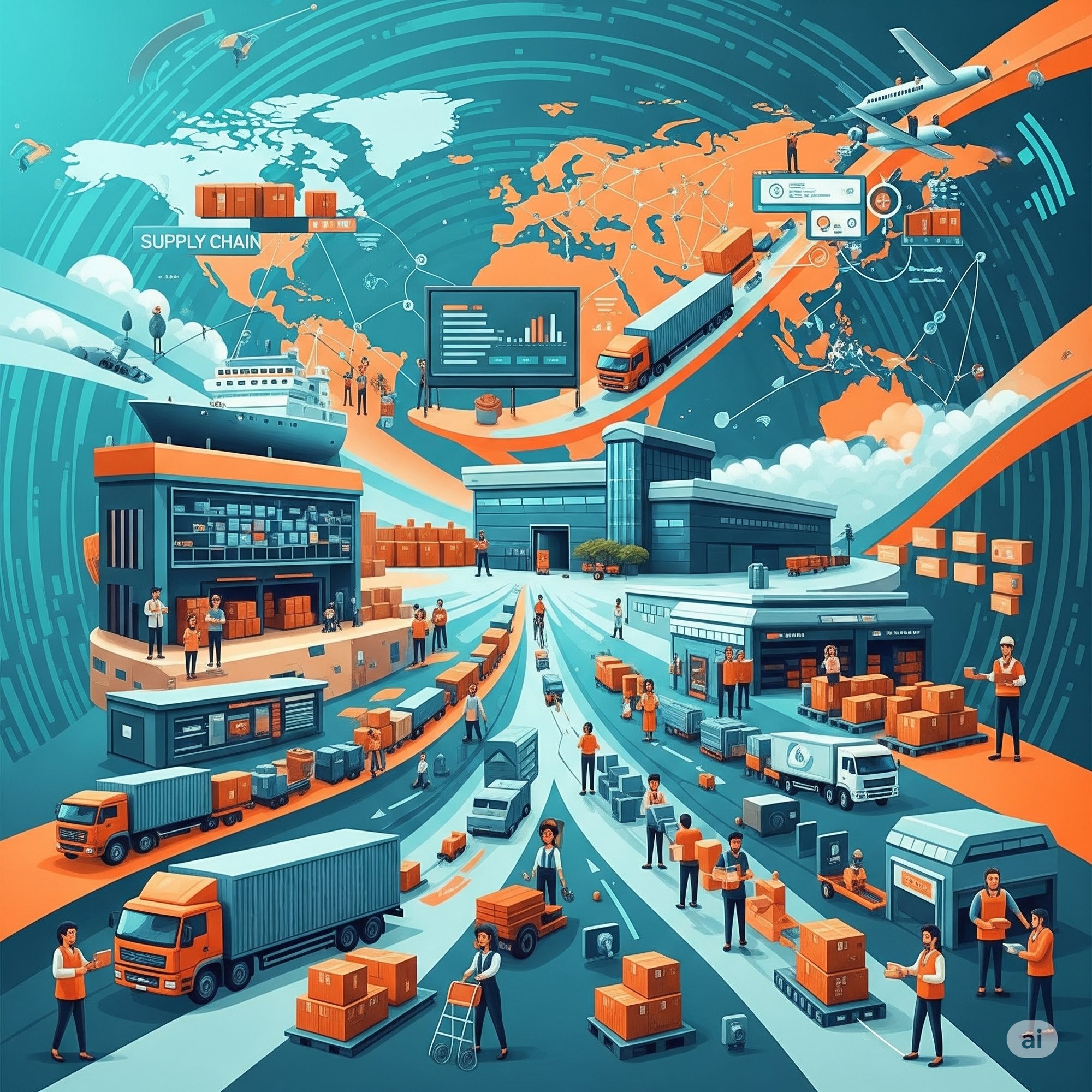 Colorful illustration of a global supply chain with trucks, ships, planes, warehouses, and data visualizations, showing efficient product movement from source to customer.