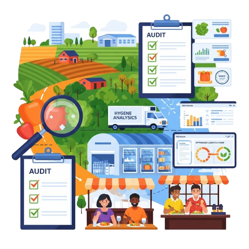 Vibrant illustration of a food safety ecosystem: from farm produce under a magnifying glass, through refrigerated transport and warehouses with data analytics, to happy customers eating safely at a restaurant.